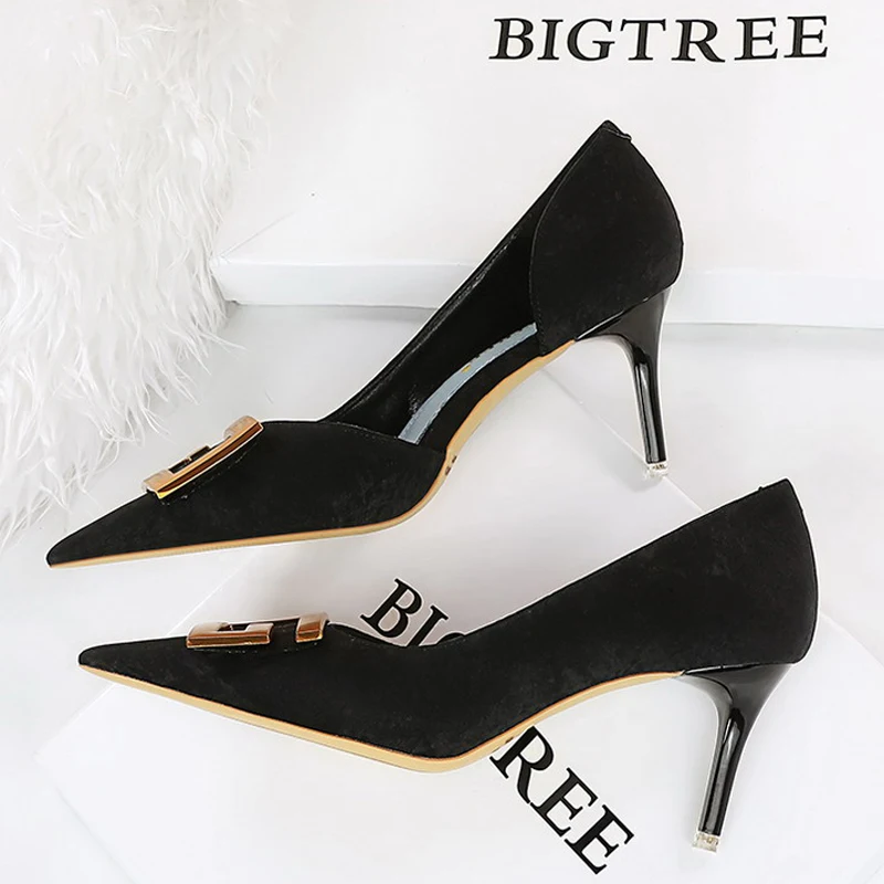 BIGTREE buty metalowe guziki kocie obcasy damskie czółenka modne szpilki Stiletto luksusowe eleganckie buty imprezowe Lady duże rozmiary 43