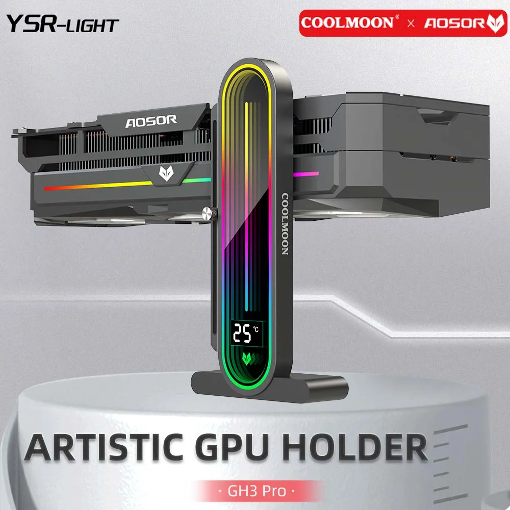 5V ARGB Graphics Card GPU Vertical Holder Atmosphere Strong Support Smart Temperature Display PC Case Lighting Decor Coolmoon