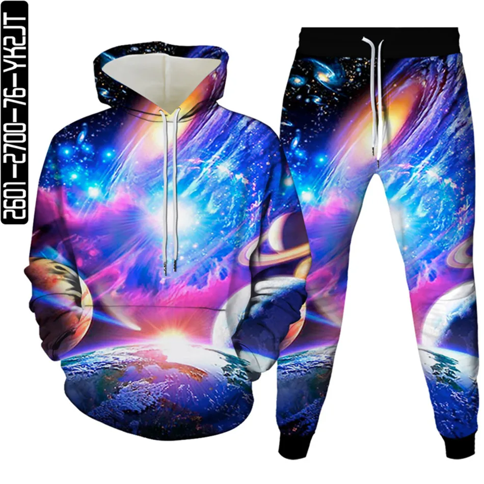 

Men Fashion Hoodies+Trousers 2Pcs Tracksuit Hamburger Earth Galaxy Black Hole Planets Astronaut 3D Printing Women Clothing S-6X