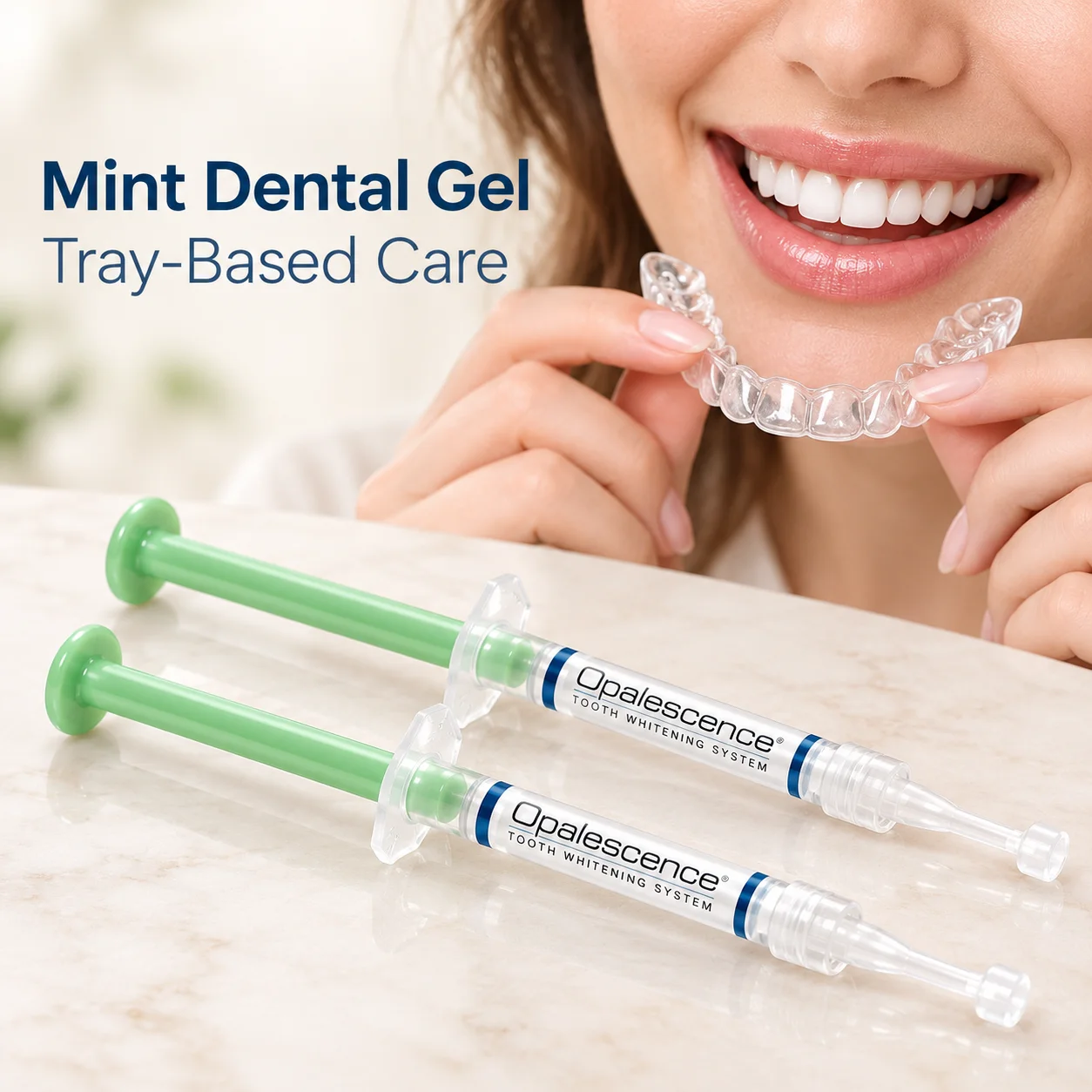 Mint Flavored Dental Whitening Gel In A Capped Applicator Syringe Designed To Dispense Gel Into Dental Trays For Cosmetic Use