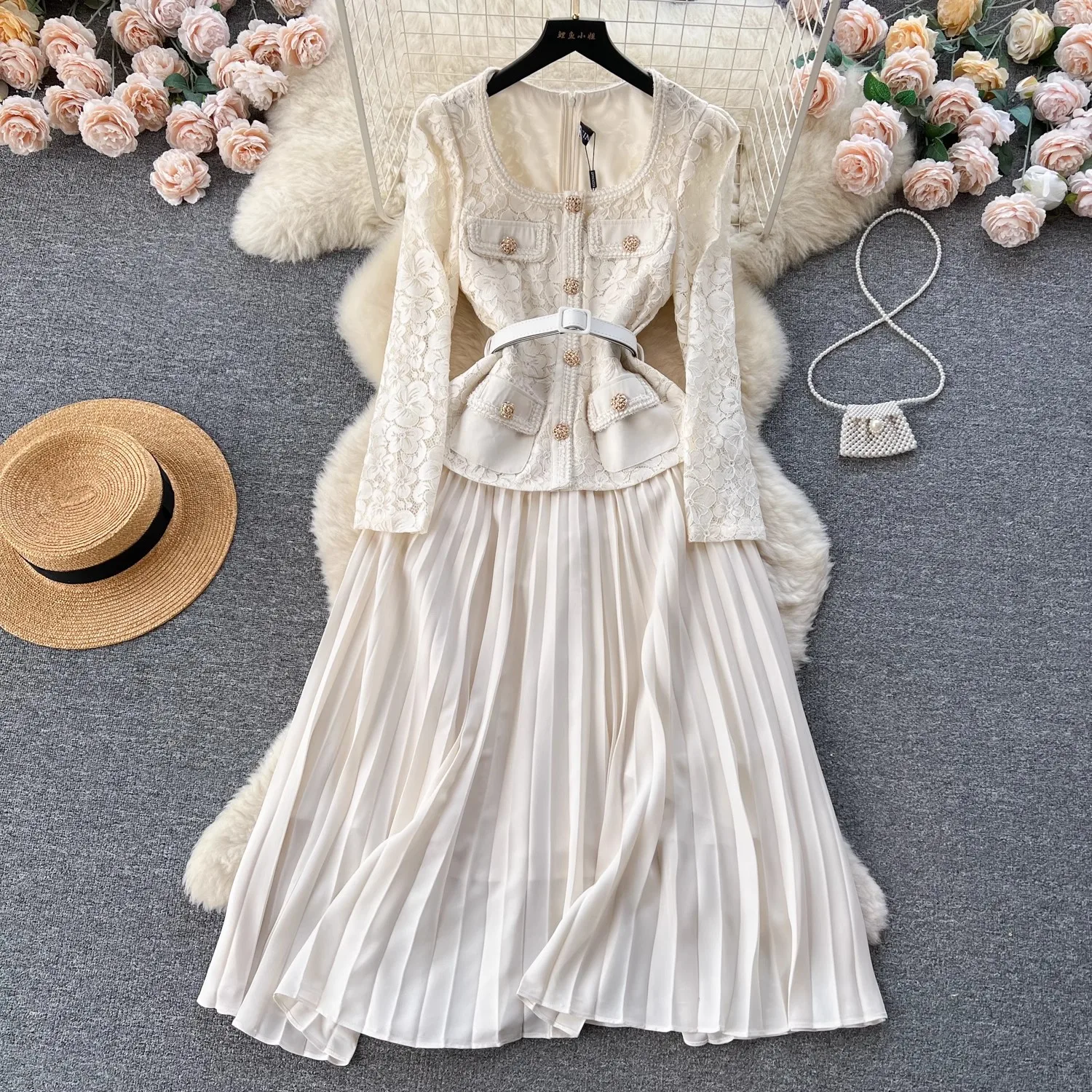 Elegant Autumn Spring Lace Patchwork Chiffon Midi Dress New Women Square Collar Hollow Out Flower Black Belt Pleated Party Dress