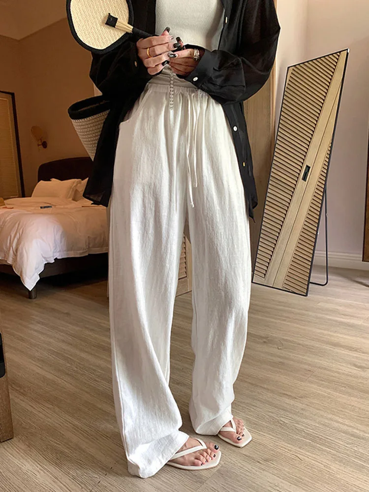 

High Waist Casual Loose White Straight Pants Summer Cotton Linen Wide Leg Pants Women Drawstring Solid Thin Women's Trousers