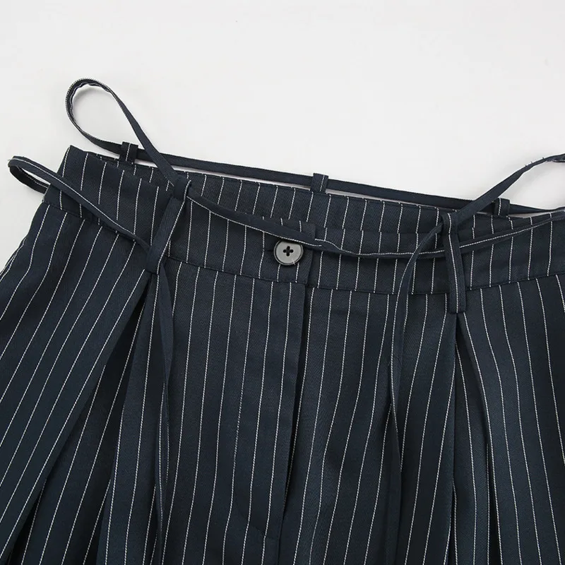 EAEOVNI Striped Fashion Loose Long Pants For Women Lace-up Waist Casual Wide Leg Trousers Office Lady 2025 Spring New 1A296