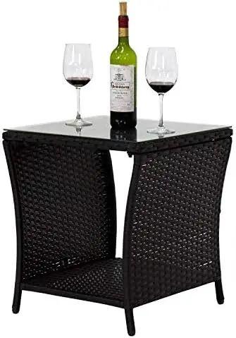 

Black Outdoor Square Wicker Rattan Side Tea Table w/Glass Top Patio with (Black-1) Mini table ft folding table Accent table