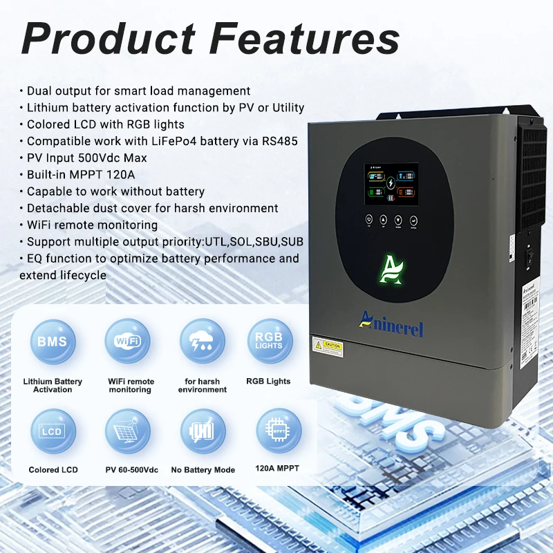 4.2KW 6.2KW MPPT Hybrid Solar Inverter Dual Input Pure Sine Wave Inversor 24V/48V MPPT 120A Solar Charge Controller with WiFi