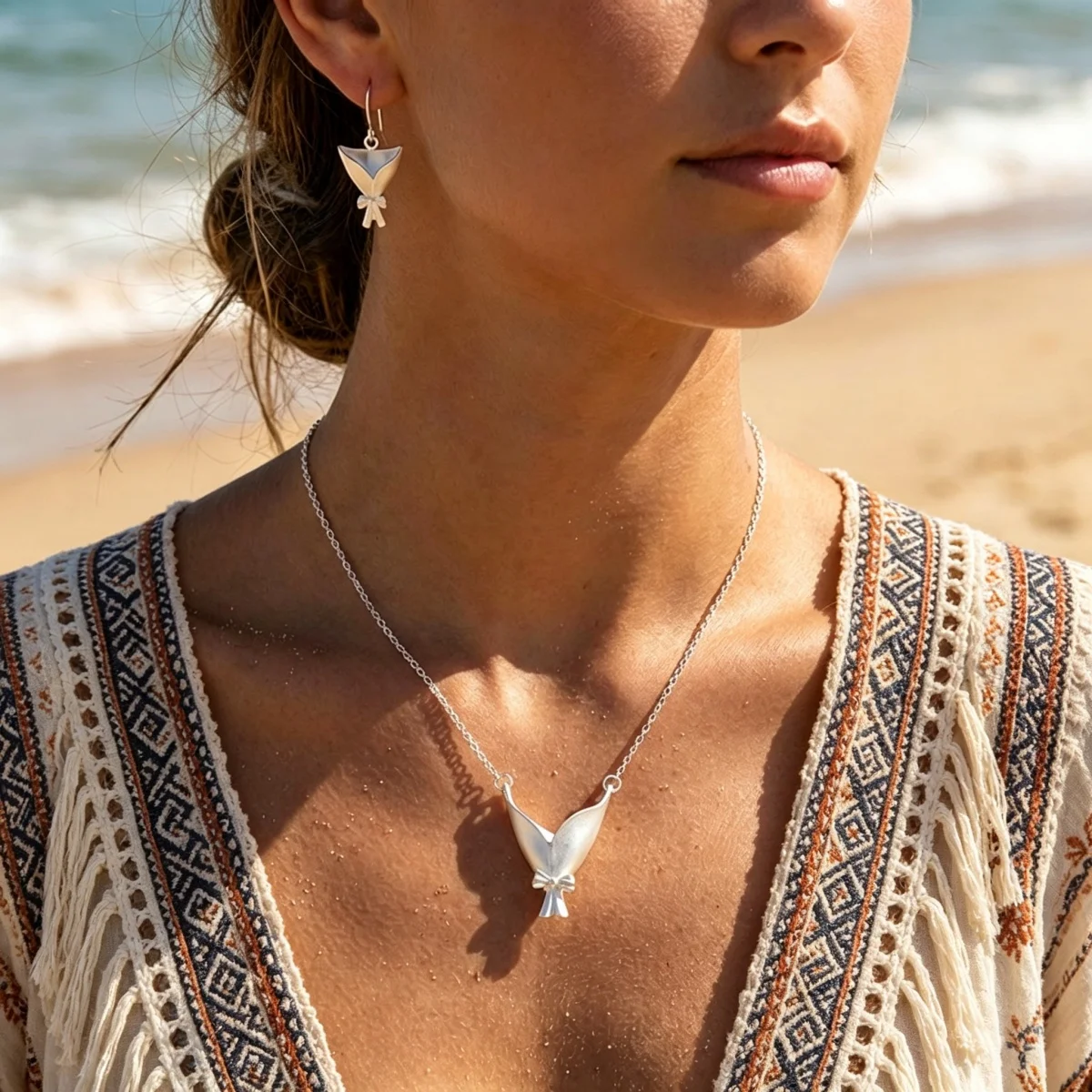 Kreatives Schleifenknoten-Blumenstrauß-Halter-Set in Form eines Anhängers, Halskette und Ohrringe für Damen und Herren, süßes, elegantes DIY-Blumenclip-Schmuckset. – Detail 10