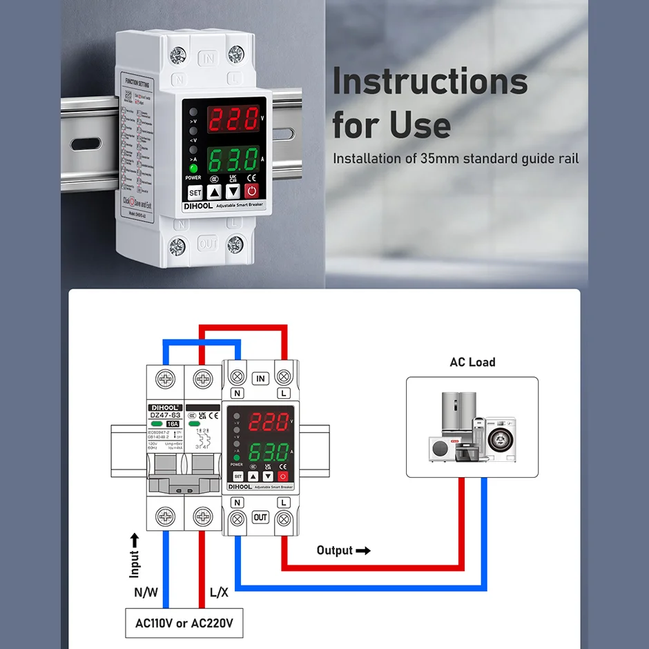 Adjustable Voltage Current Protector 110/220V 80-300V Universal  Single Phase AC DC Protection 1~63a Self resetting