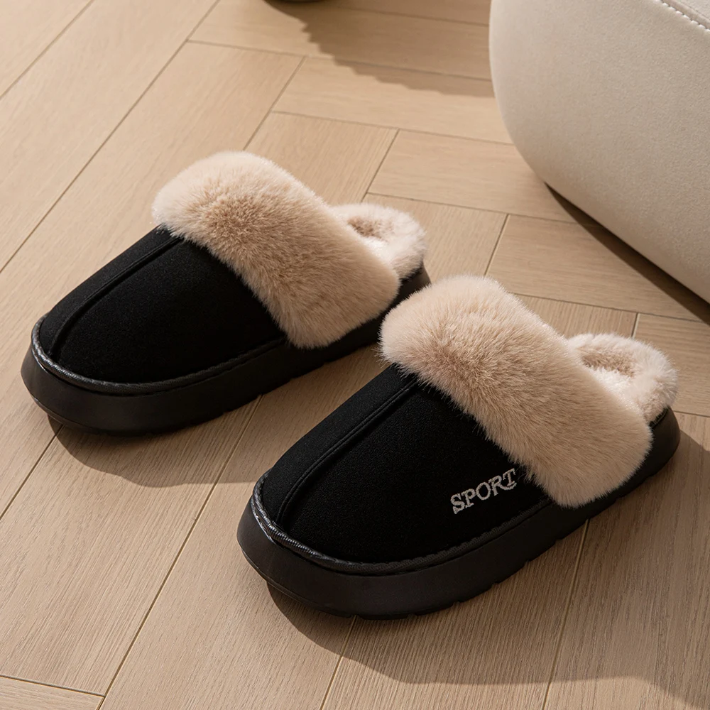 Damen-Winterhausschuhe mit Kunstfellkragen, warm, bequem, rutschfest, dicke Sohle, für Paare, für drinnen und draußen, Schneestiefel, Freizeitschuhe für zu Hause. – Detail 6