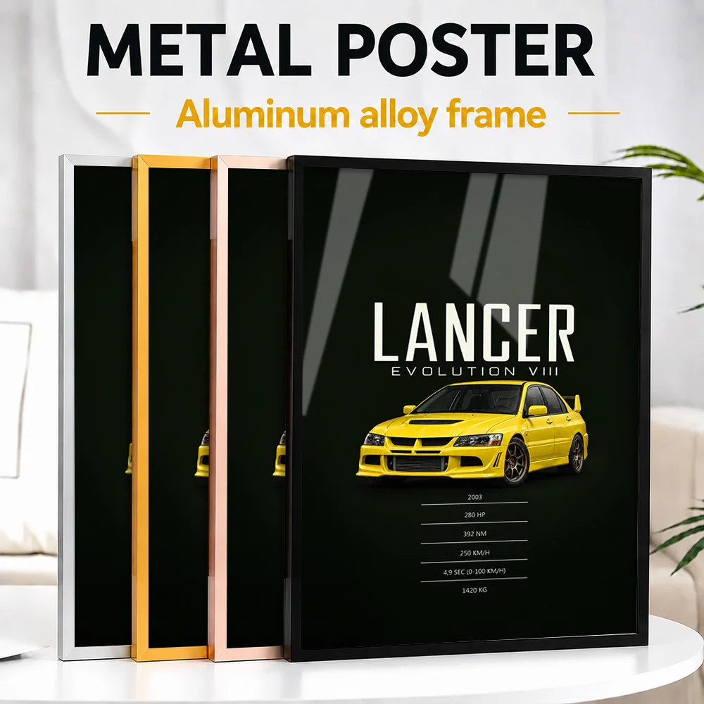 Japanese Lancer Evolution VIII Lightning Yellow Sports Car Framed Metal Print Customized Garage Legacy Wall Art For Game Room