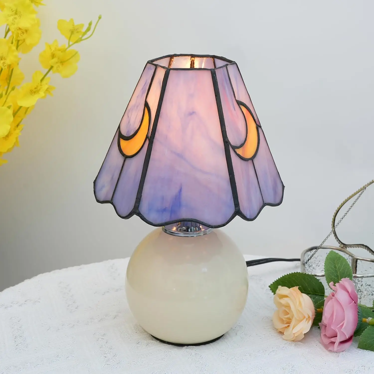Mushroom Moon Stained Glass Table Lamp, Cute Bedside Night Light for Living Room Decor, Pink Blue Gift