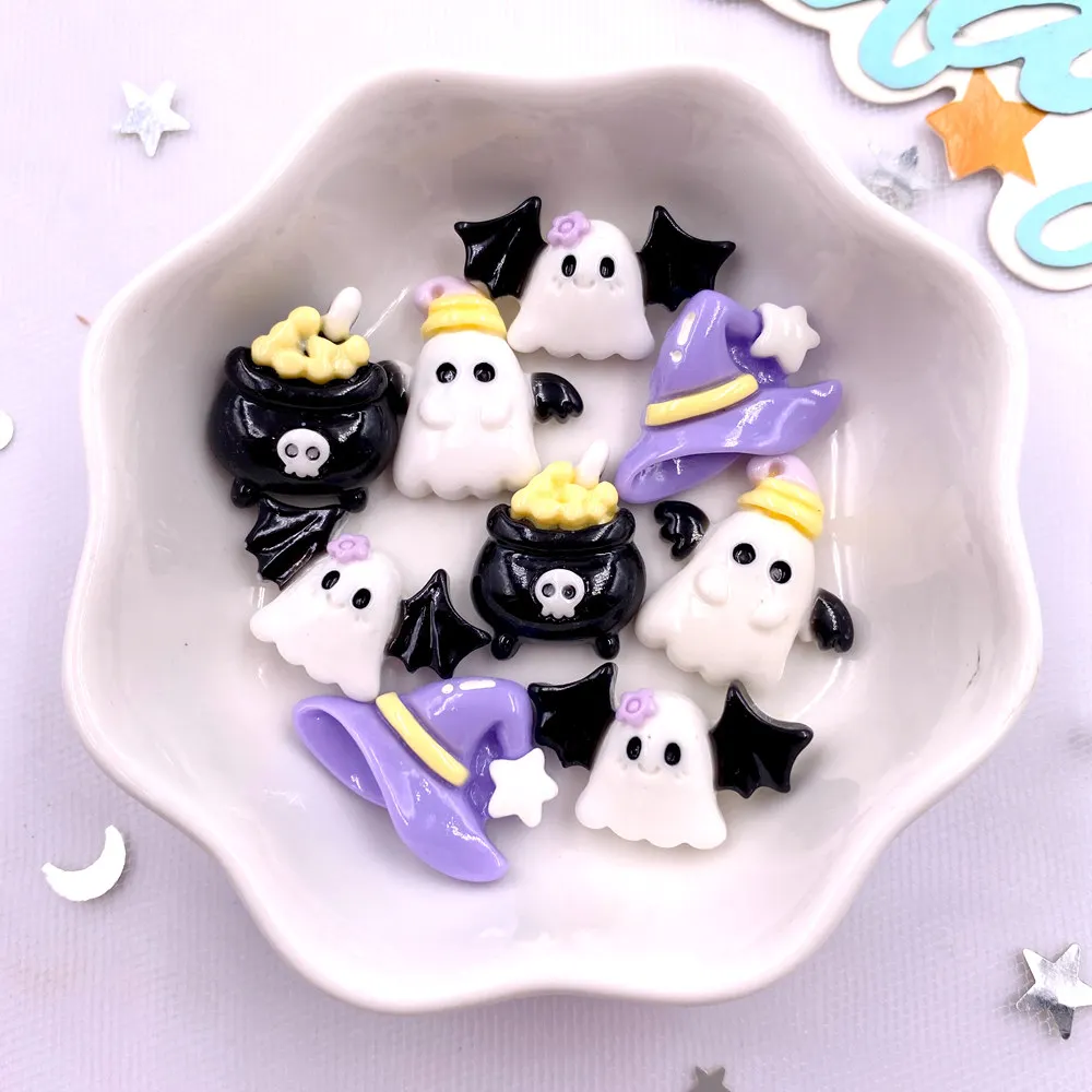 10Pcs Resin Colorful Cute Witch Hat Cat Bat Skull Figurines Flatback Stone DIY Bow Halloween Decor Scrapbook Crafts Accessories