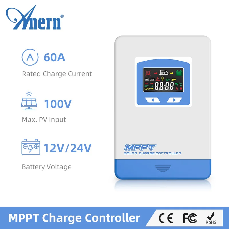 

Anern MPPT 60A Solar Charge Controller Solar Panels Regulator 12V 24V LCD Display Max PV 100V Input For Lead Lithium Battery