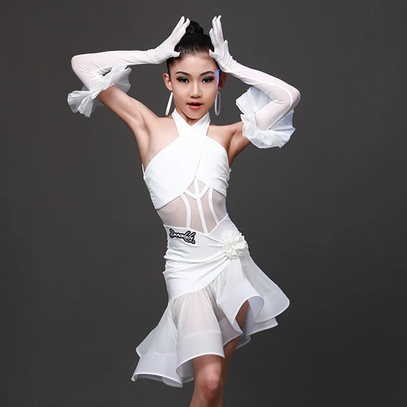 

2024 New Latin Dance Competition Dress For Girls White Outfit Rumba Cha Cha Ballroom Dance Costume Kids Latin Dance Dress BL9823