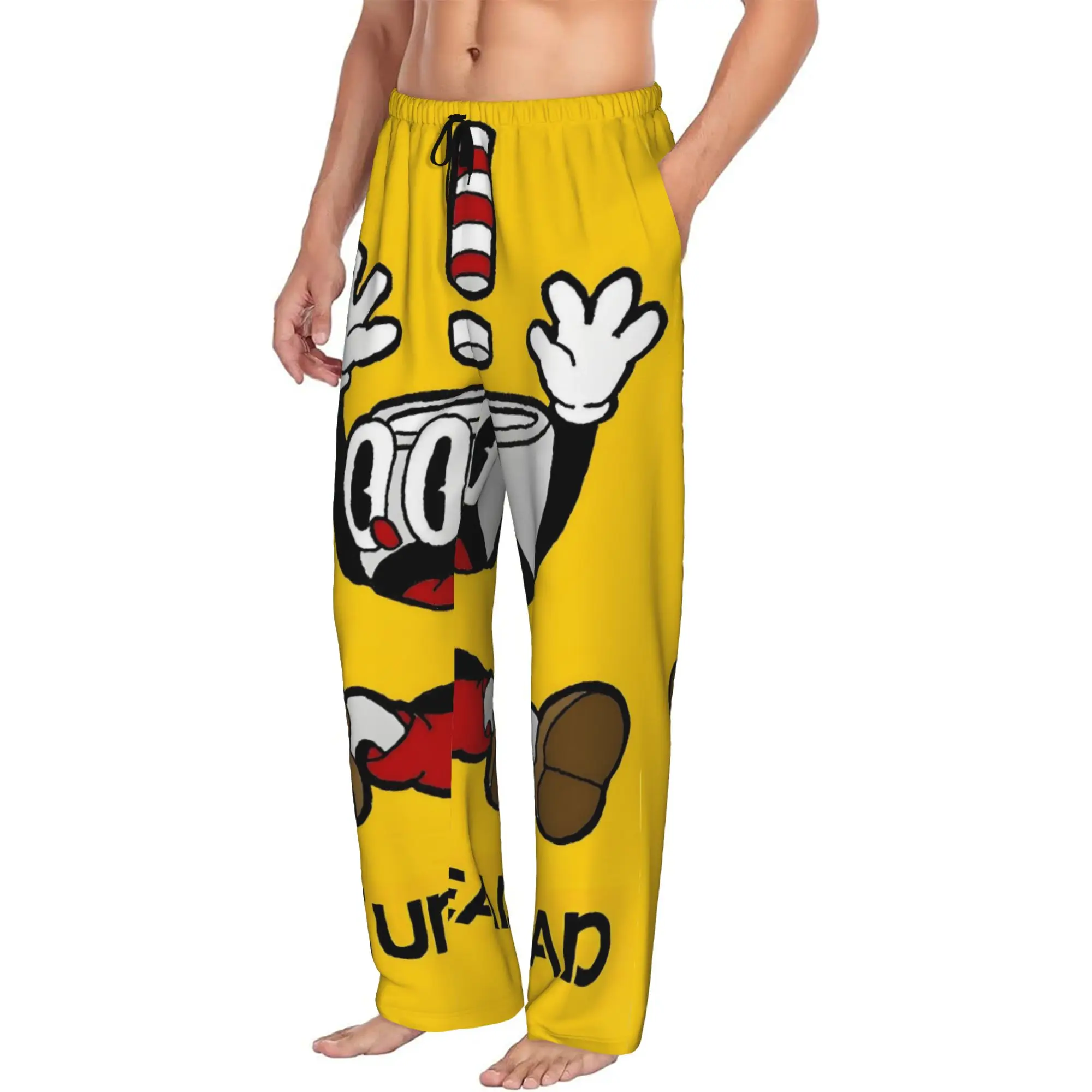 Custom Print Men's Cuphead And Mugman Pajama Pants Anime Game Sleepwear Sleep Lounge Bottoms with Pockets