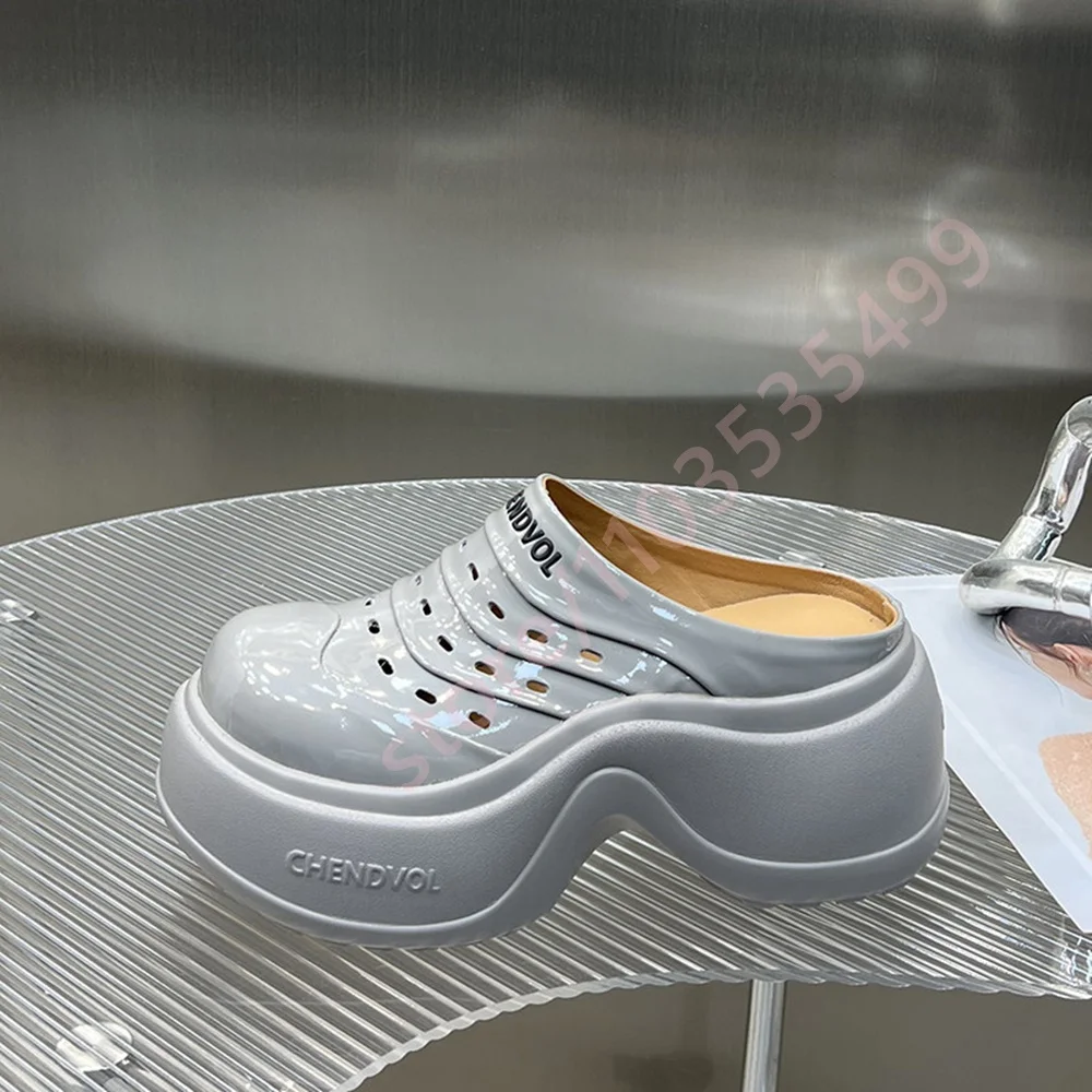 Glossy Hollow Platform Clogs Women Round Toe Slip On Backless Mules Curved Wavy Thick Sole Y2K Streetwear Casual Summer Slippers