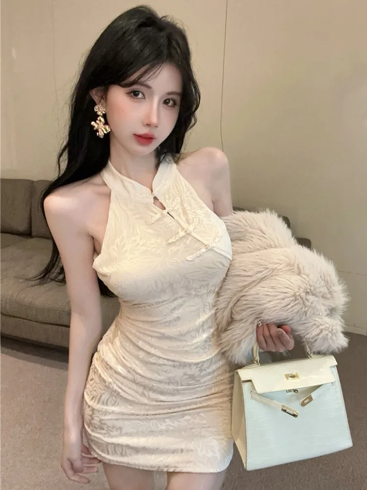 

Retro Chinese Style Short Qipao Dress Lace Pattern Slim Fit Summer Fashionable Skirt Women's Clothing High Waist Wrap Dress