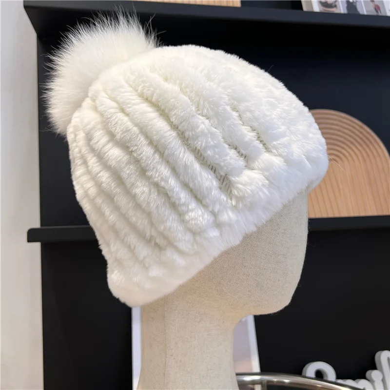 

Winter Warm Real Rex Rabbit Fur Hats Beanies 100% Natural Fur Caps Fashion Knitted Genuine Fur Hat With Natural Fox Fur Ball