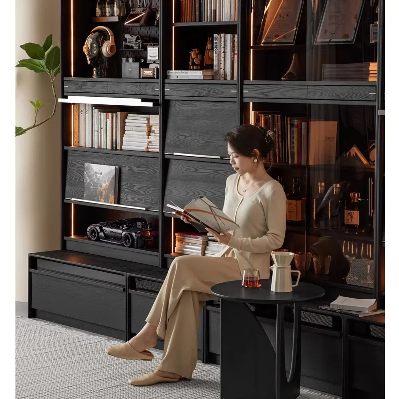 Solid wood full wall card holder bookcase living room locker simple black bookshelf combination cabinet