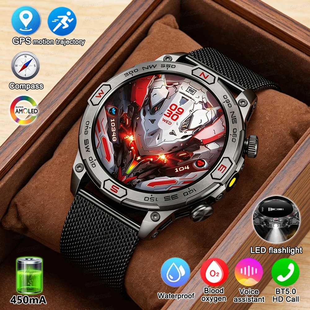 New Sports Smart Watch Men AMOLED HD Full Touch Screen Waterproof Compass Bluetooth Call Health Smart Watches GPS trajectory Man