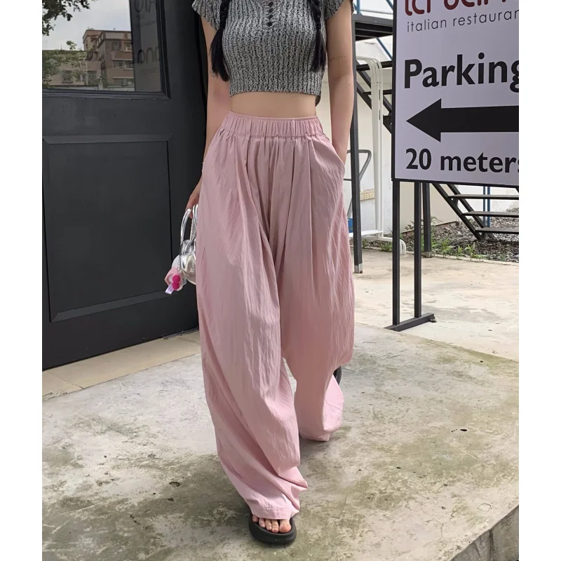 

Pink Solid Elastic Waist Women's Pants Vintage Straight Slim Fit Fashion Streetwear Autumn Bottoms Female 2023 Wide Leg Trouser