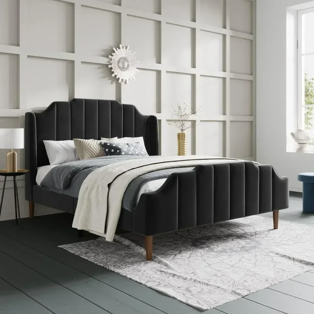 Queen Size Bed Frame With Modern Curved Velvet Headboard, Strong Wood Slat Support, Upholstered Queen Bed Frame