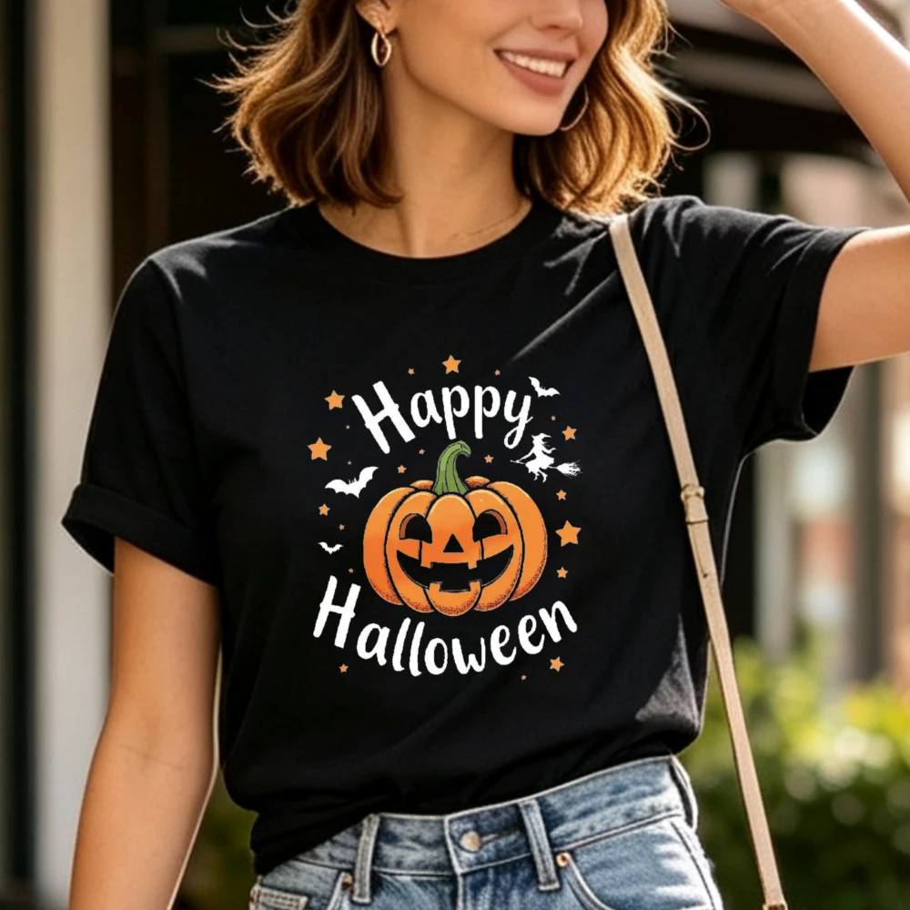 Happy Halloween Pumpkin Graphic Tshirt Jack Lantern Witch Bat Star Print Short Sleeve Tee Halloween Party Crew Neck Casual Tops