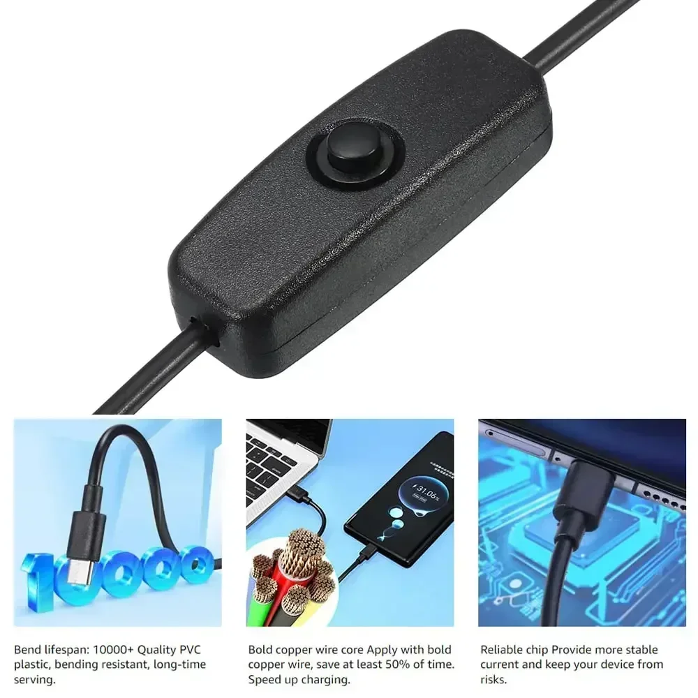 Type C Switch Cable USB C Male to Female Extension Cable with On/Off to Micro USB DC 5.5x2.1 Adapter for Phone LED USB Fan etc