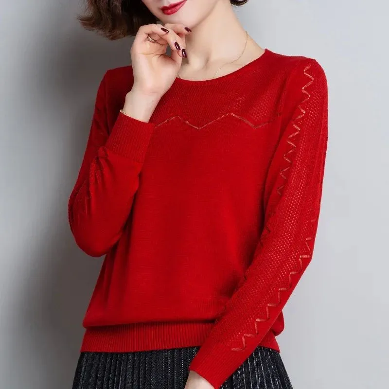 

New Spring/Summer Fashion Korean Edition Hollow Round Neck Sweater Loose and Versatile Western Style Slim Knitted Women's Top