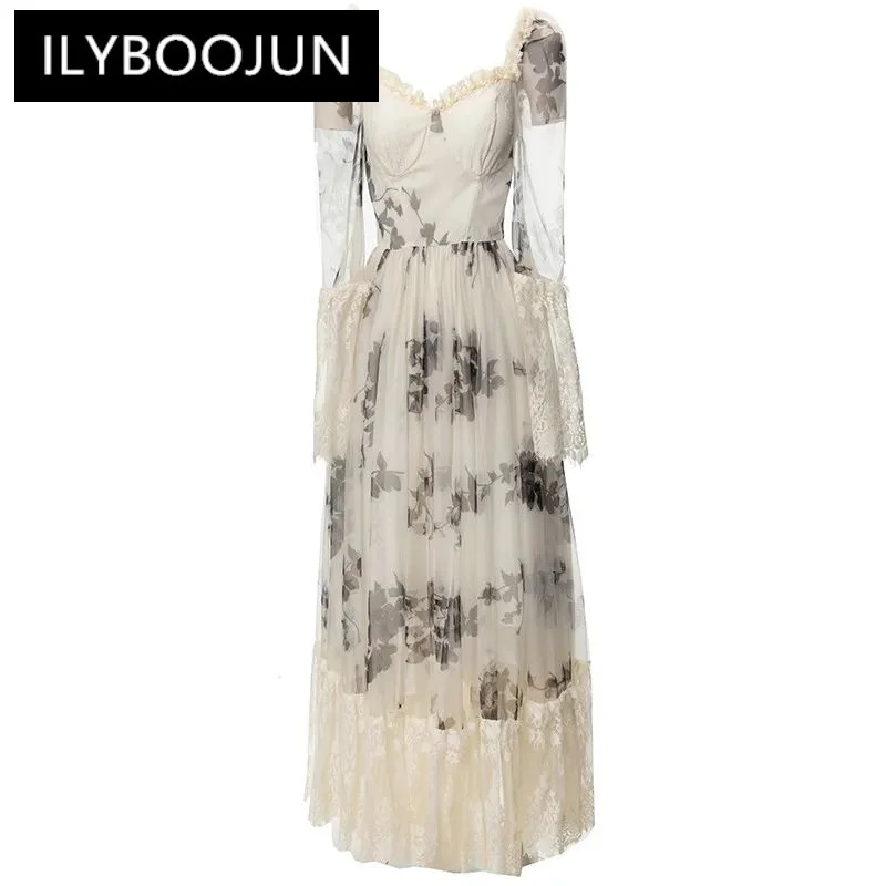 

ILYBOOJUN Fashion Designer spring Summer Women's Sweetheart Neck Lace Mesh Backless Elegant Printed Dresses