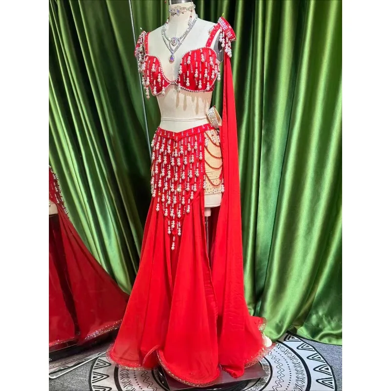 Maßgeschneiderte Bauchtanzkostüme, Performance-Kleid-Set, orientalisches Tanzkleid, Anzug, BH, Gürtel, Rock