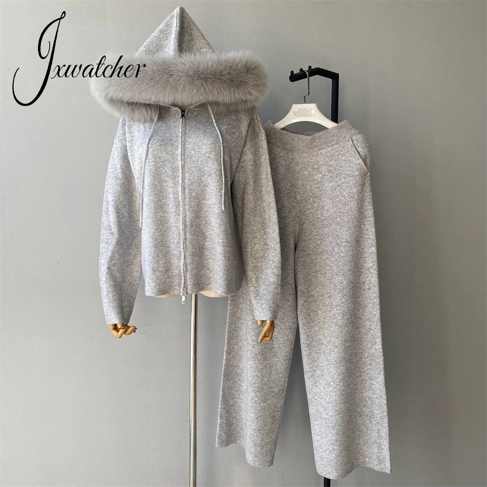 Jxwatcher Cardigan for Women Fall Fashion Sweater Set with Real Fur Collar Ladies Spring Knitted Hooded Coat and Trousers Female