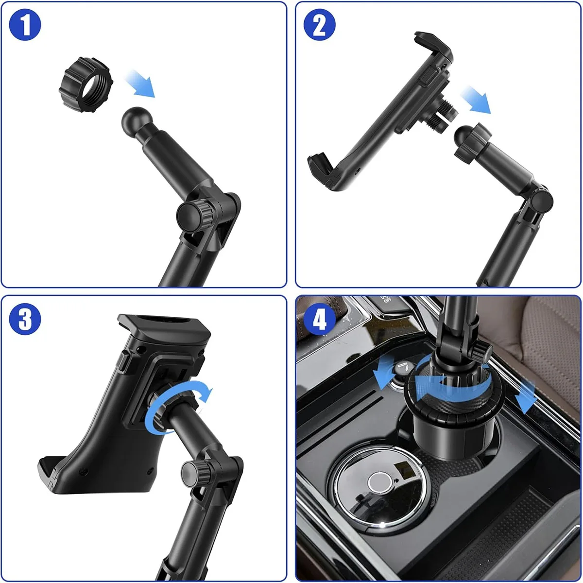 Car Cup Holder Tablet & Phone Mount – 360° Rotatable ABS Base, Fits iPads 4-13” & All Smartphones, Heavy-Duty Design