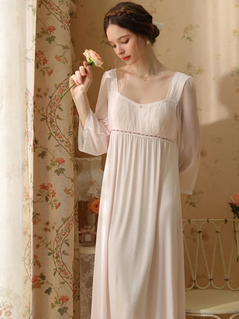 Women Sexy Fairy Princess Nightgown Princess Nightdress Long Sleeve Lace Pajamas with Chest Pads Mesh Modal Victorian Homewear