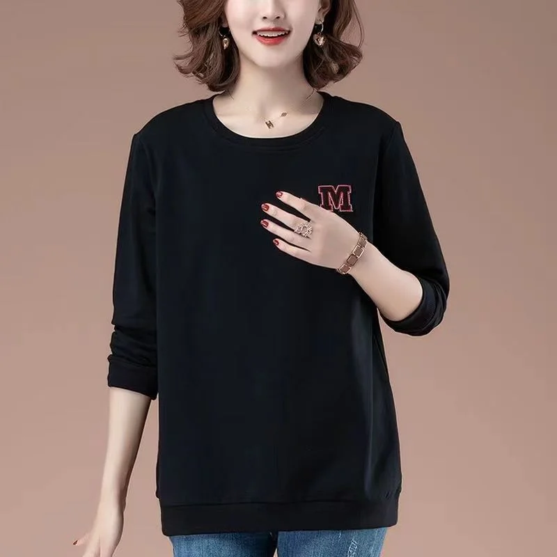 

Spring and Autumn Women's New Spliced Pullover Loose Round Neck Letter Fashion Solid Color Long Sleeve Top