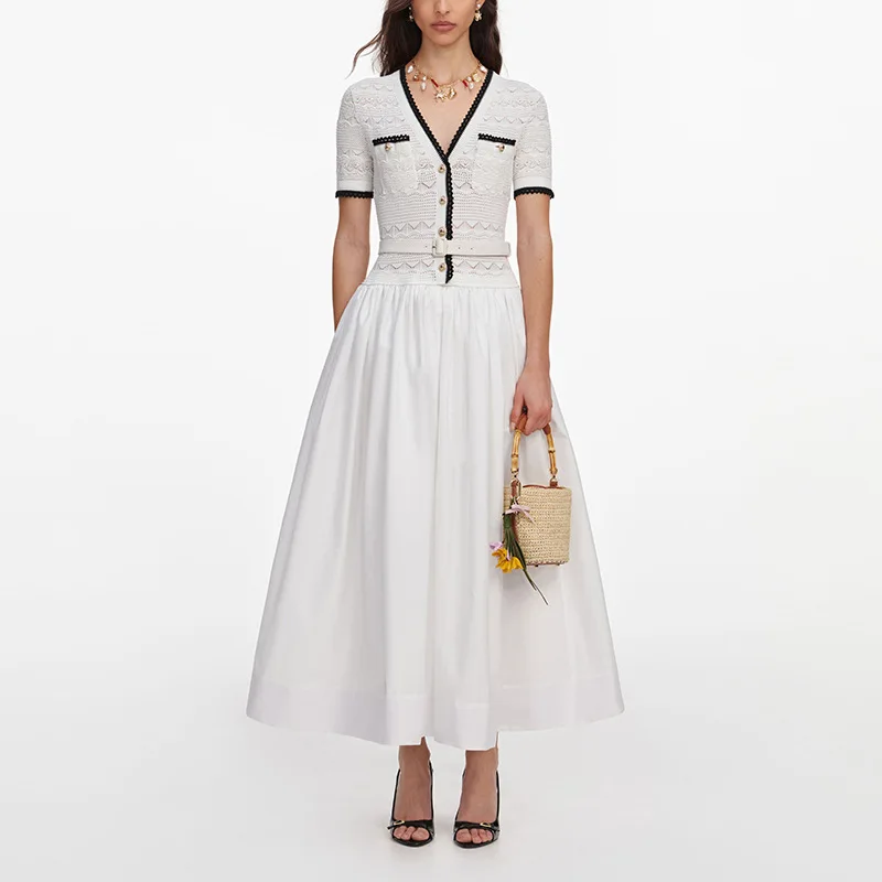 French Vintage Knitted Slim Fit Dress V-Neck Gold Buttons Short Sleeve High Waist Pleated Maxi Dress Casual Holiday Style Female