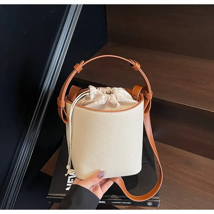 

New Ins Canvas Leather Bucket Bag Women's Contrasting Color Shoulder Crossbody Handbag Super Hot