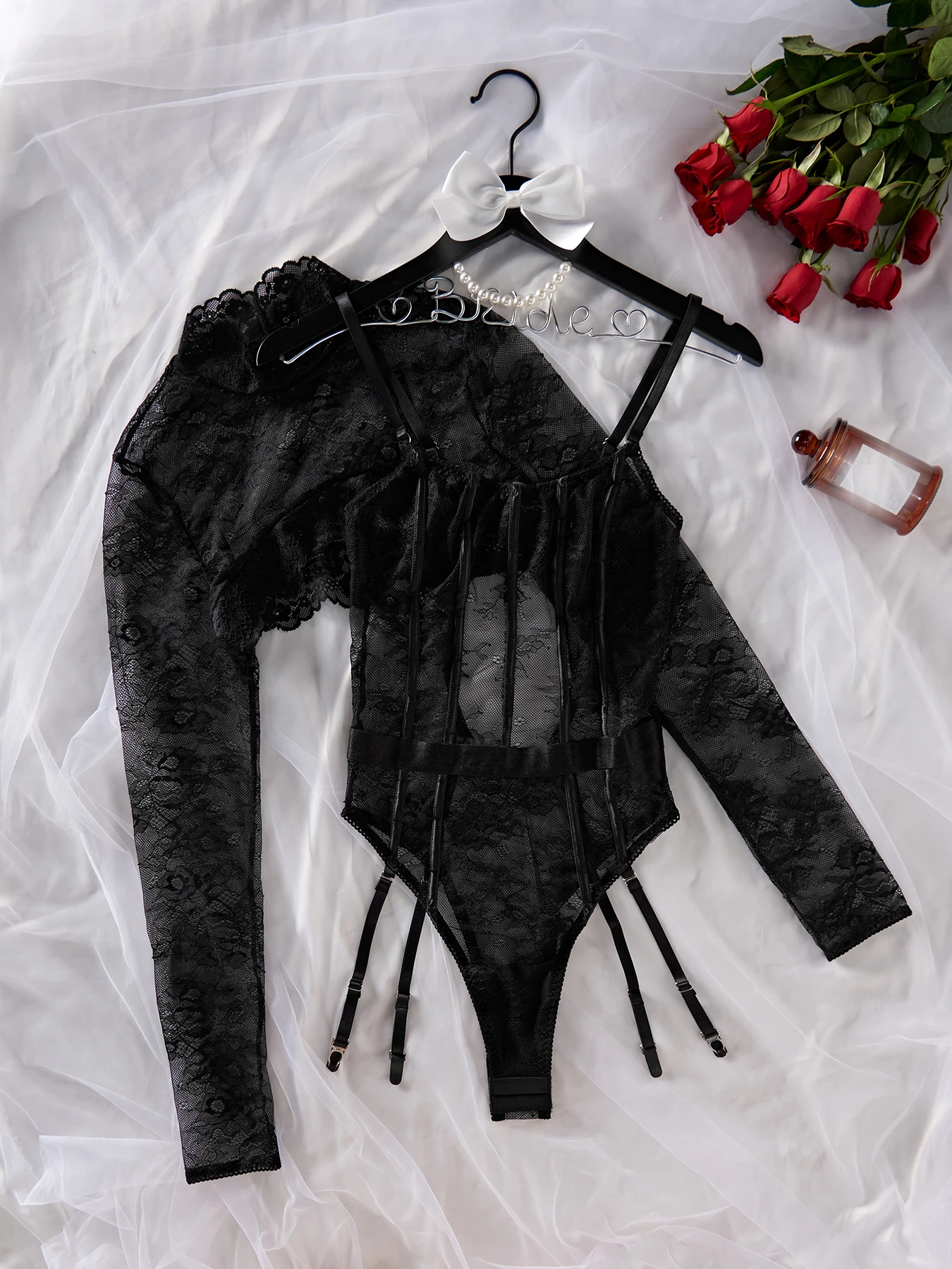 MUZISKAT 2024 Hot New Sexy See-Through Lace Suspenders Row Of Buttons Can Be Open Gear Jumpsuit Pullover Corset Set Onlyfans