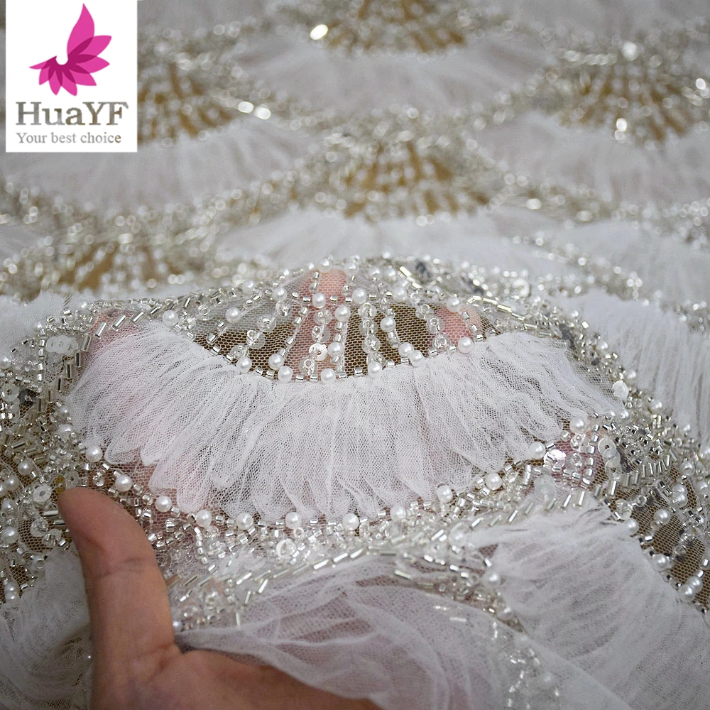 1 Yard Dubai 2024 New Coiling Embroidery  Silver-White Sequined Lace with Beads Pearl Lady Clothing fabric HY2732