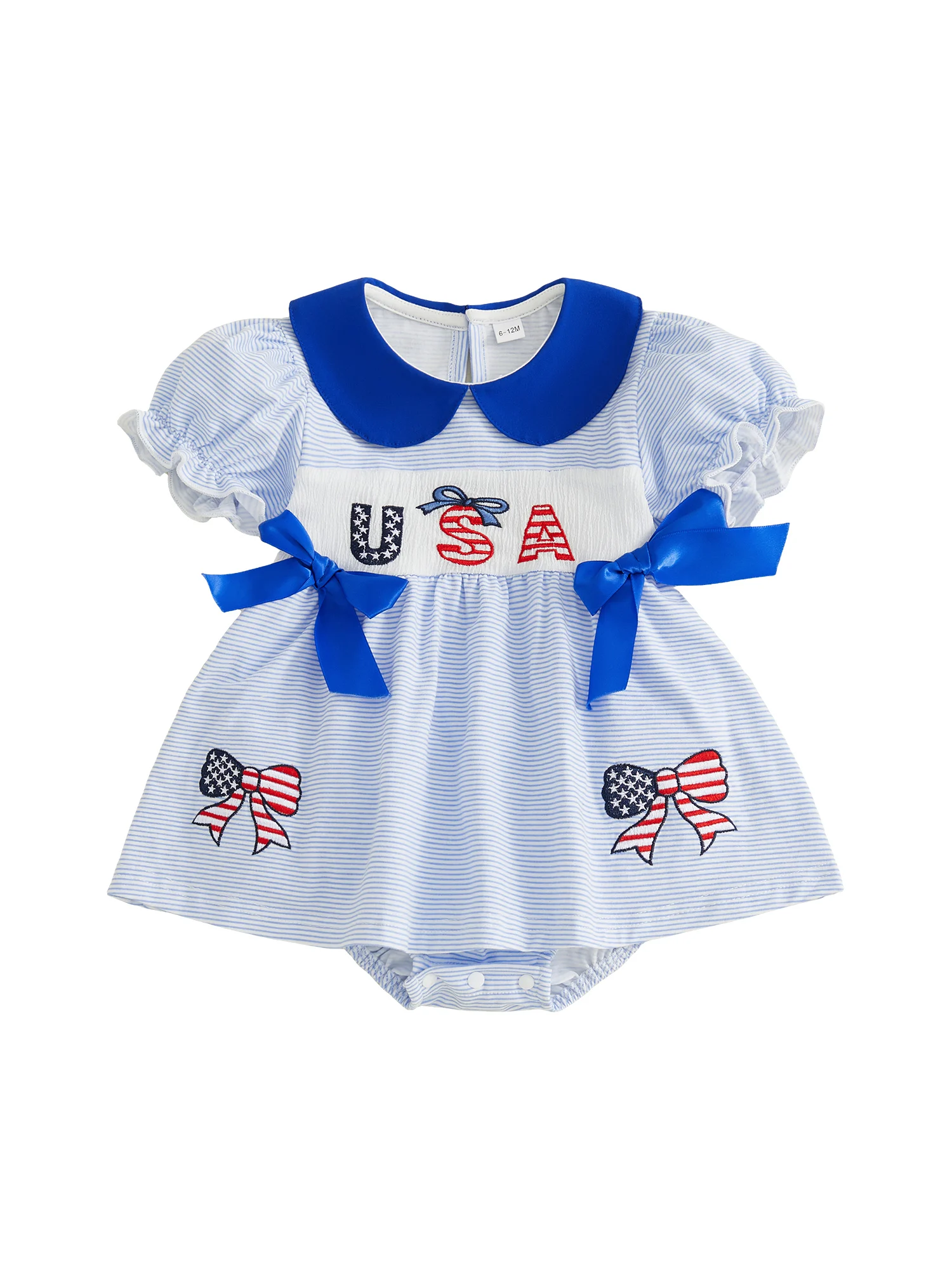 

Toddler Girls Fourth of July Romper Dress American Flag Print Bow Embroidery Puff Sleeve Doll Collar Striped Jumpsuit