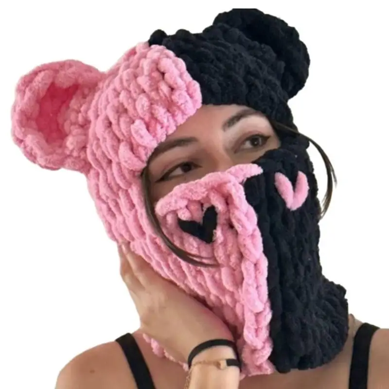 

L5YA Halloween Bear Ears Balaclava Cap Novelty Knitting Beanie Womens Men Mask Hat