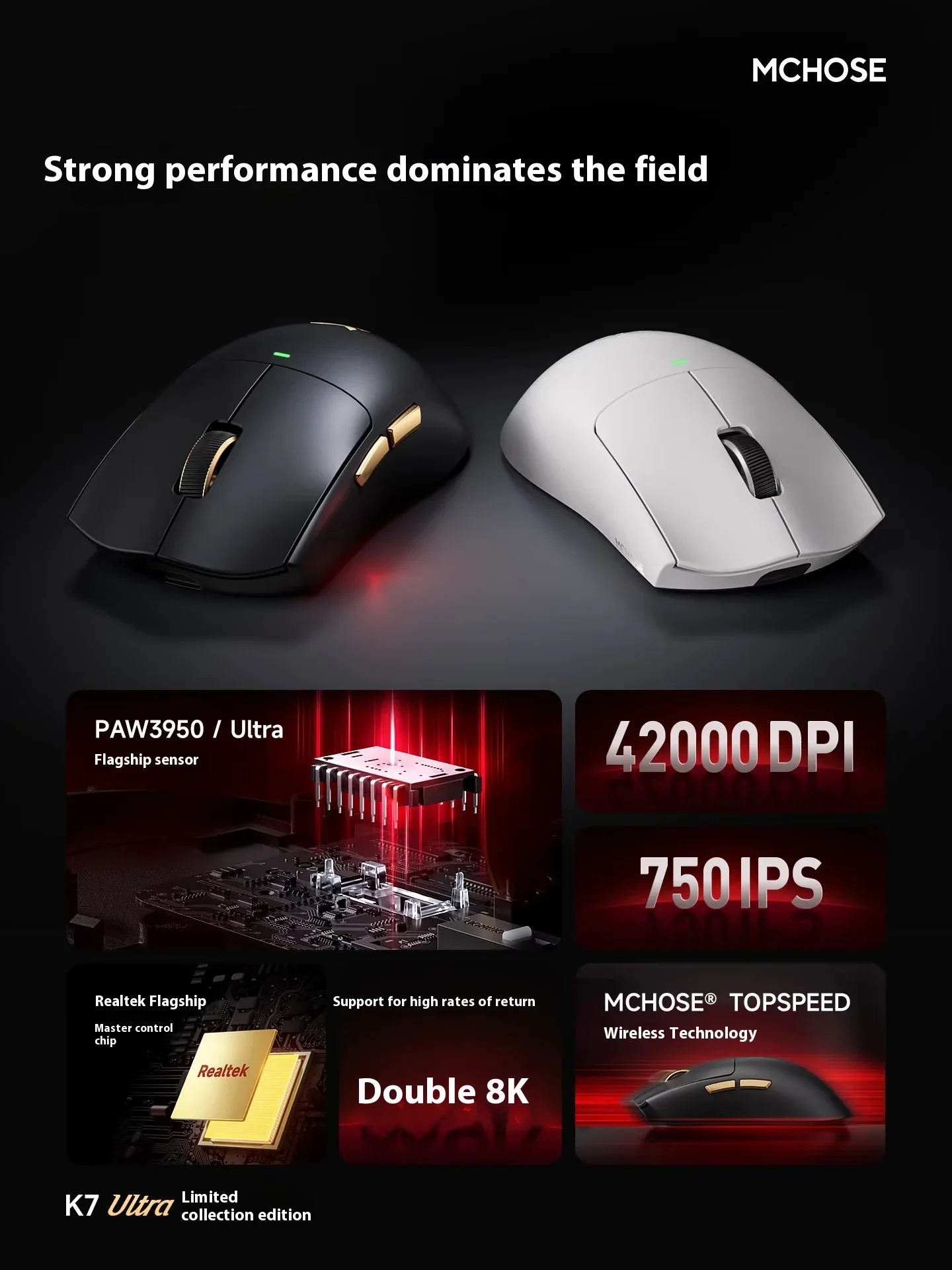 MCHOSE K7 Ultra Gaming Mouse E-Sports Paw3950 3-Mode Mouse 8k Receiver Magnetic Attraction Base Gaming Mouse Customized Gift
