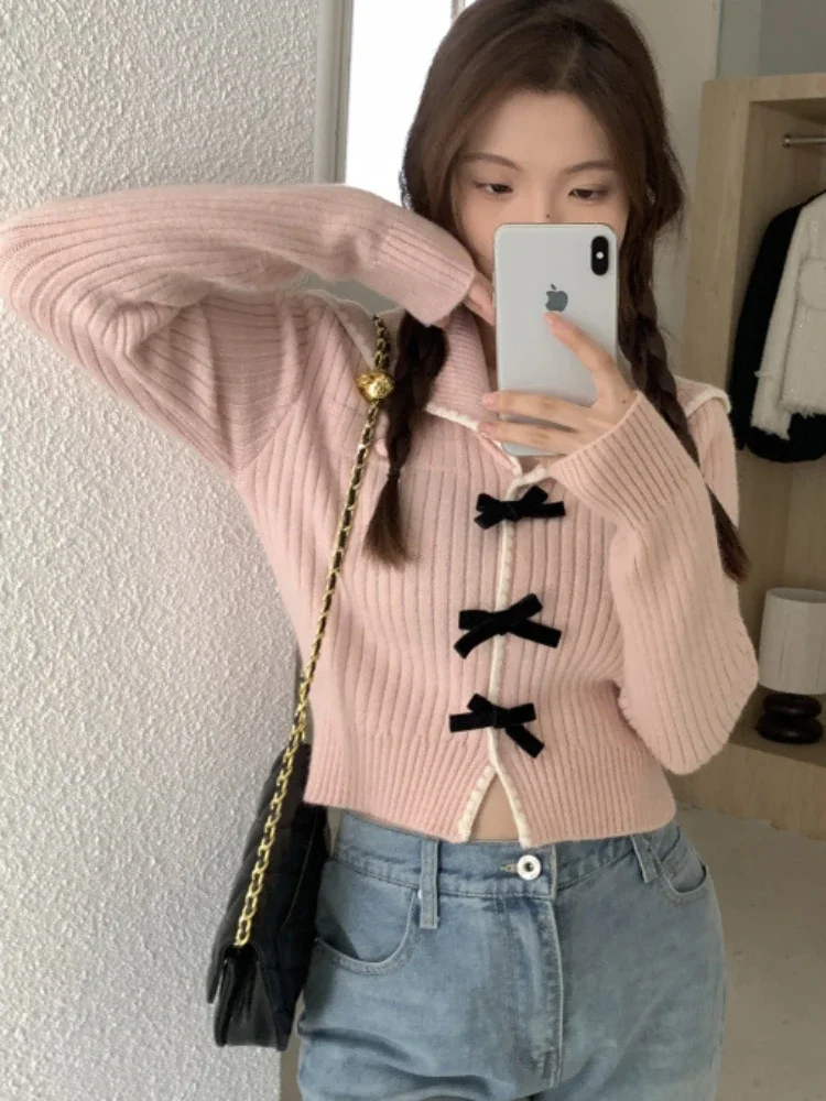 Sweaters Women Sweet Bow Panelled Versatile Streetwear Trendy Cozy Elegant Autumn Simple Teenagers Daily Chic Turn-down Collar