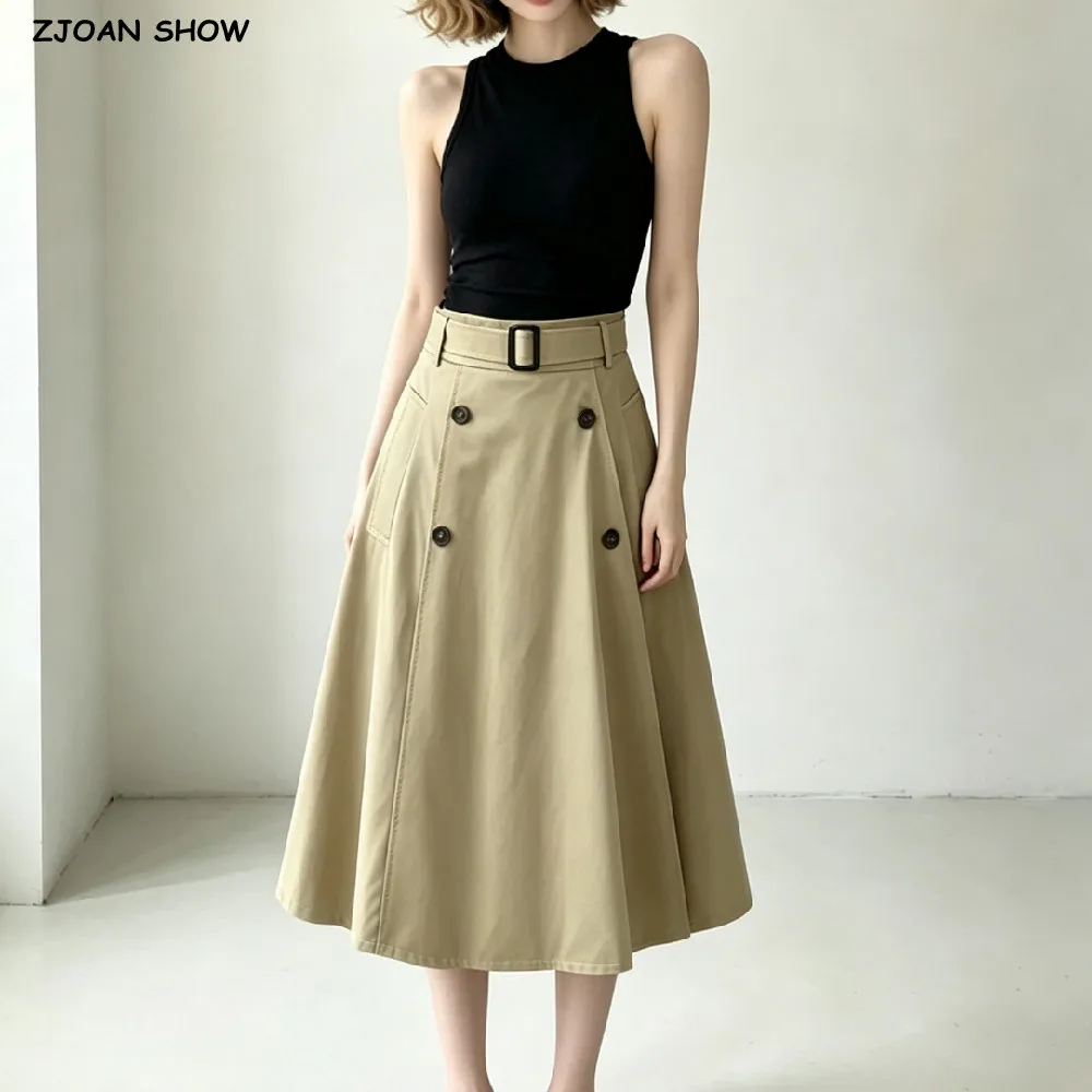 Autumn Women England Style Khaki With Sashes High Waist Long Skirt Double-breasted Buttons Swing A-lined Midi Calf Skirts Black