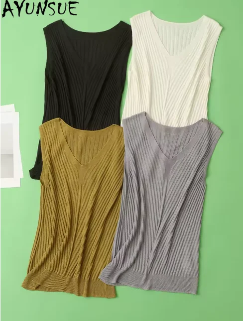 

AYUNSUE. Женские трикотажные майки, 45% шелк 55% леоцелла, V-образный вырез, шикарная футболка без рукавов, однотонные летние жилеты 2025 года