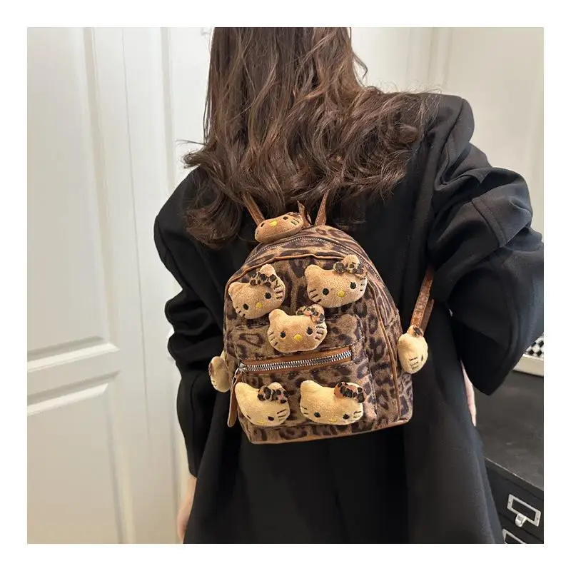 

2026 New Hello Kitty Leopard Print Plush Backpack for Women, Fashion Cute Mini Shoulder Bag, Y2K Spicy Girl Travel Backpack