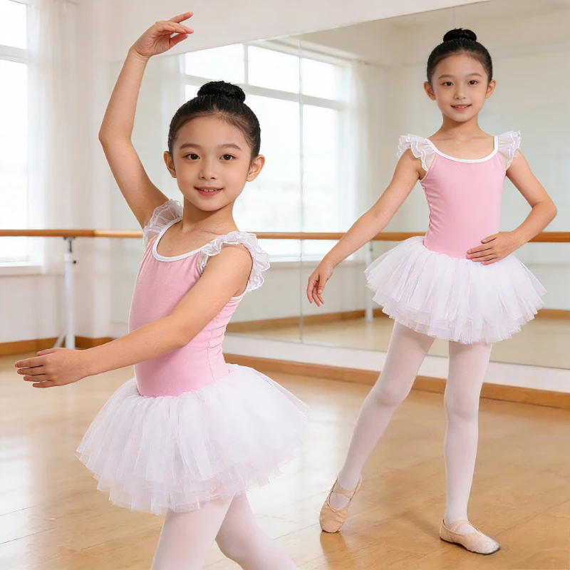 

Girls Ballet Tutu Dress Kids Ruffle Sleeve Dance Leotard Soft Cotton Tulle Ballerina Outfit for Toddler Dance Practice Costume