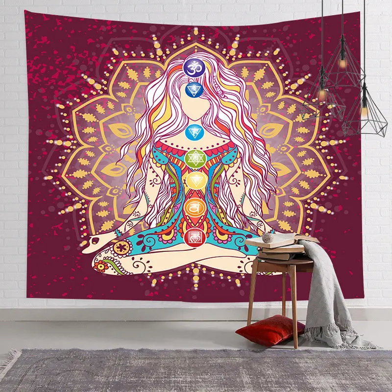 VIKAMA Meditating Woman Silhouette Tapestry Wall Hanging Rainbow Flower of Life Boho Gypsy Aesthetic Wall Art Bedroom Dorm Decor