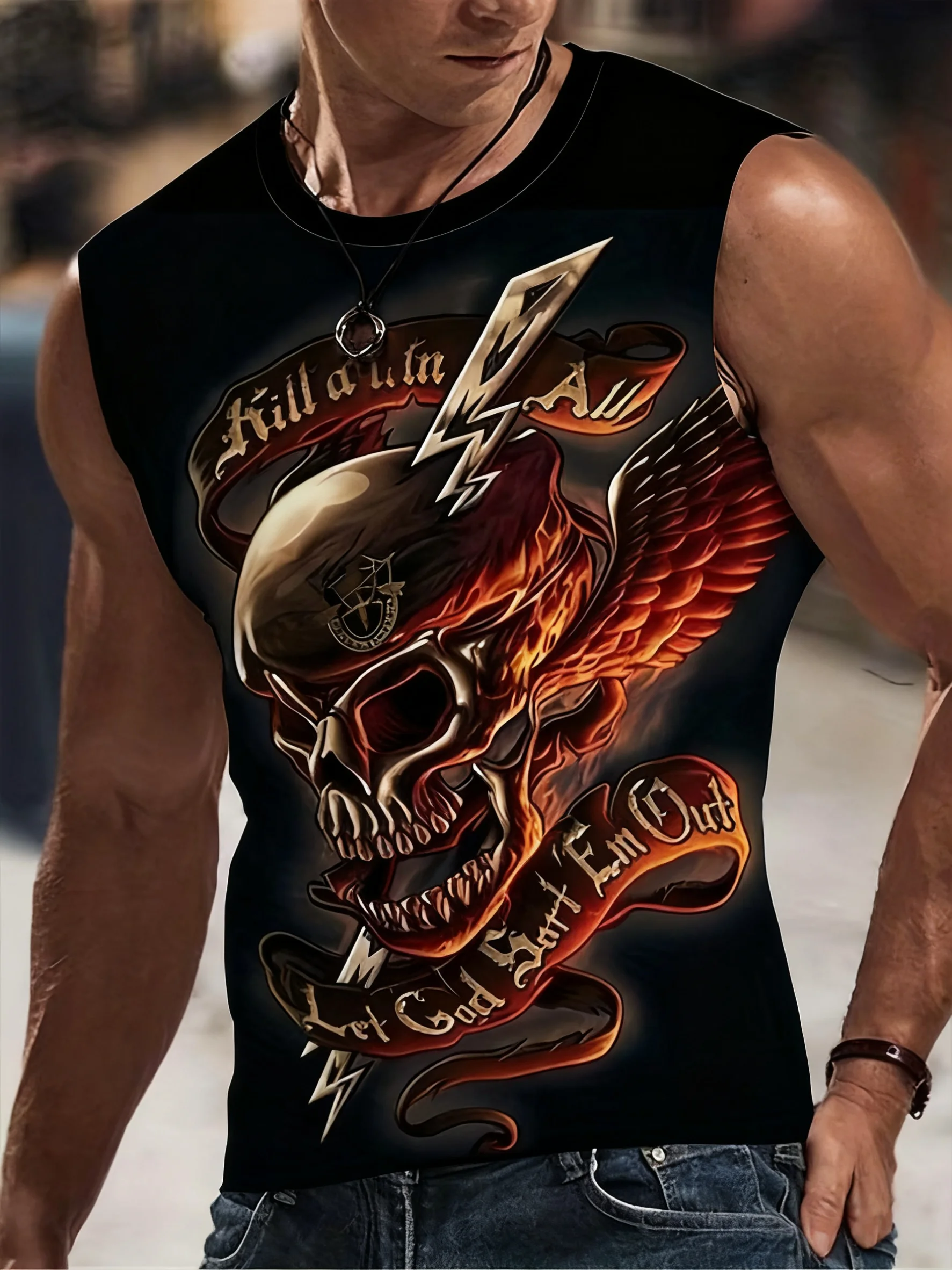 

Men's Fashion Tank Top Summer Retro Street Outdoor Casual Men's Sleeveless T-Shirt Skull Print Y2k Men's O-Neck Daily Vest Tops