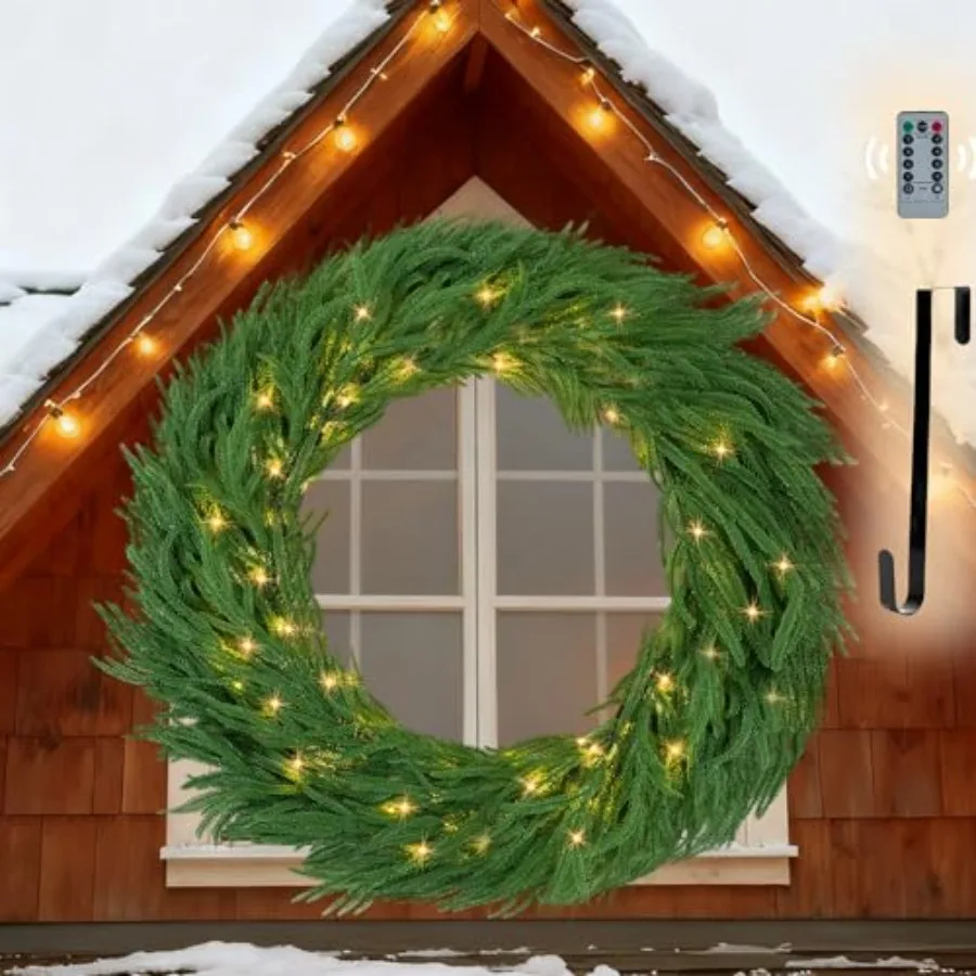 

Large Christmas Wreath with Lights: 36 Inch Prelit Real Touch Norfolk Pine Wreaths with Hook for Outdoor Front Door - Realistic