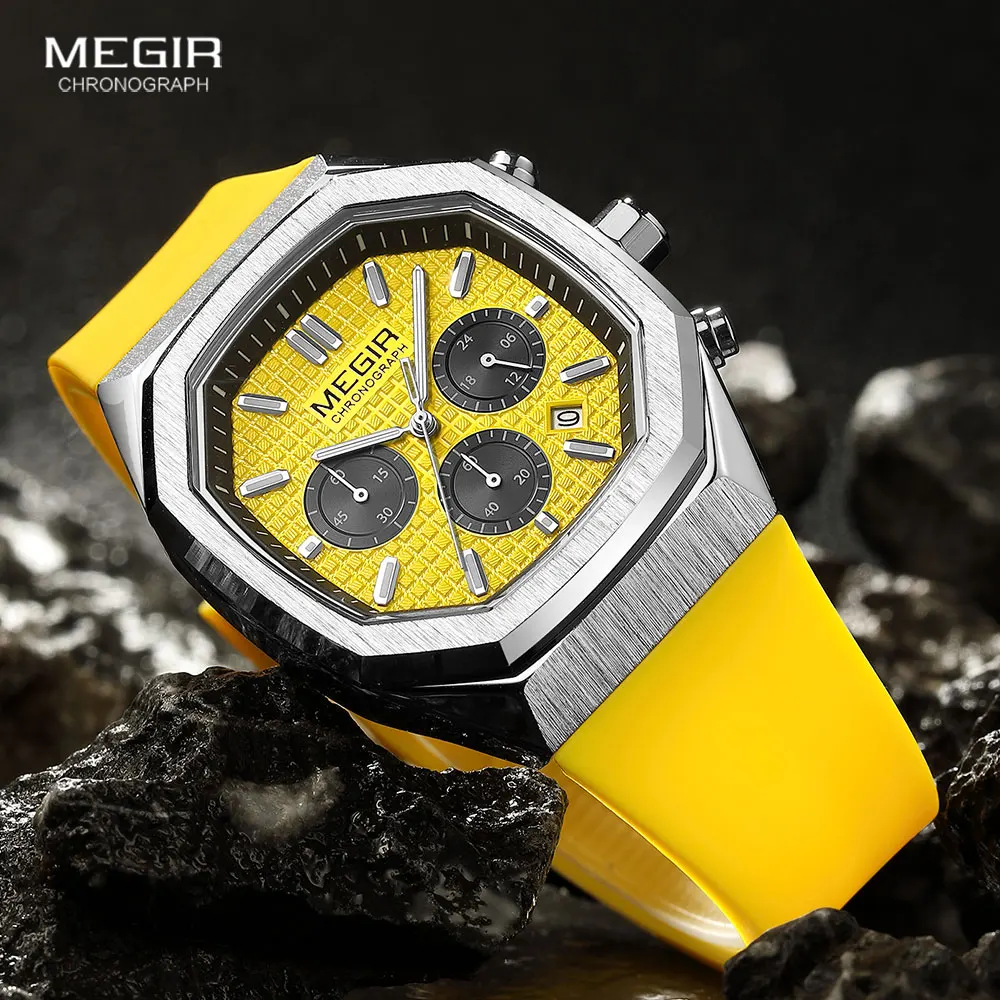 Megir gelbe Sport uhr Männer Militärs port Chronograph Quarz Armbanduhr mit Datum Achteck Zifferblatt leuchtende Zeiger Silikon armband